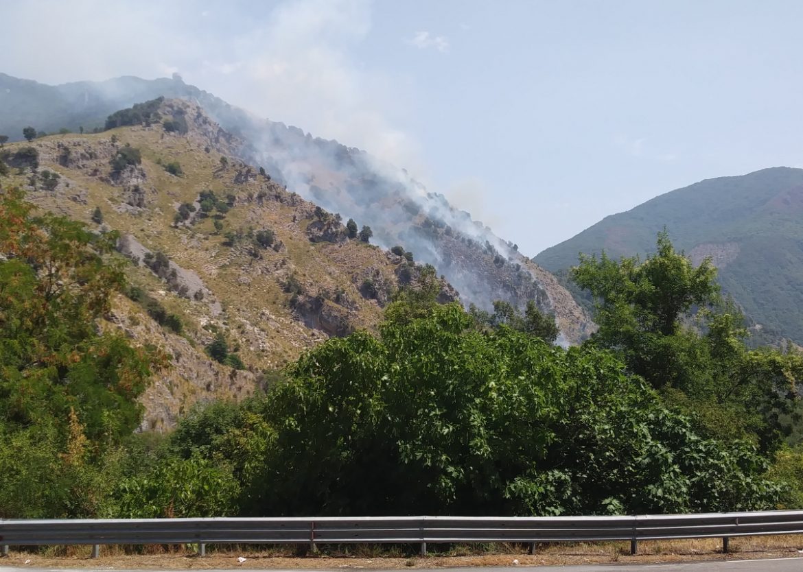 Un incendio in corso su una collina della Basilicata